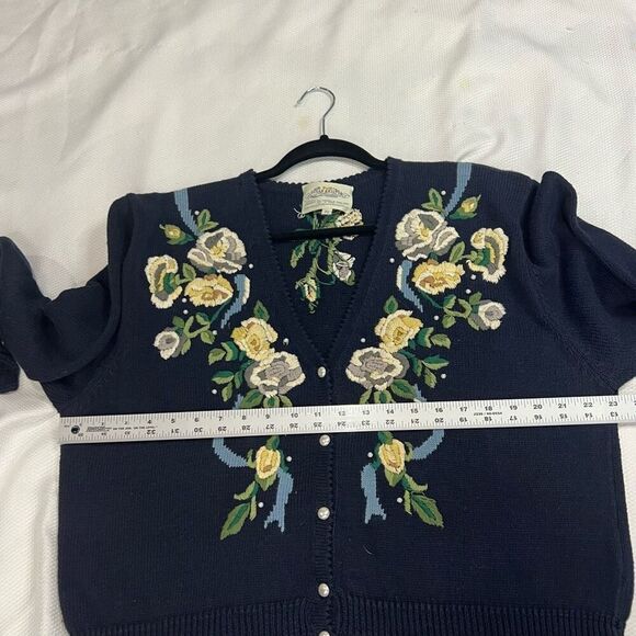 Vintage Susan Bristol Navy Blue Rose Crochet Hem Cardigan Hand Embroidered XL‎ - Picture 7 of 10